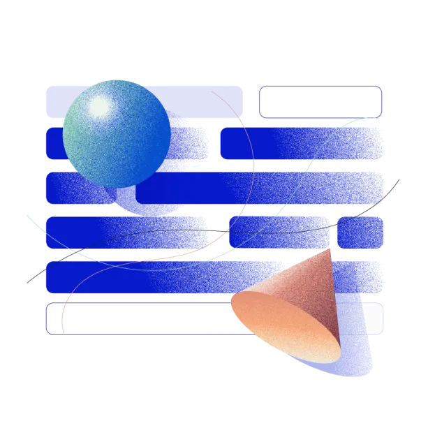 Disegno astratto con una sfera e una piramide a base circolare sullo sfondo di un codice stilizzato che rappresenta il software development