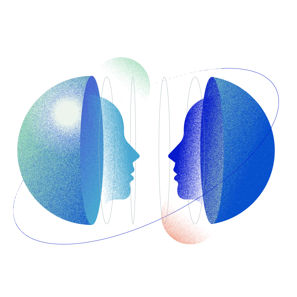 Disegno astratto di due sagome di volti umani che entrano in contatto tra loro mentre due pianeti orbitano attorno a loro