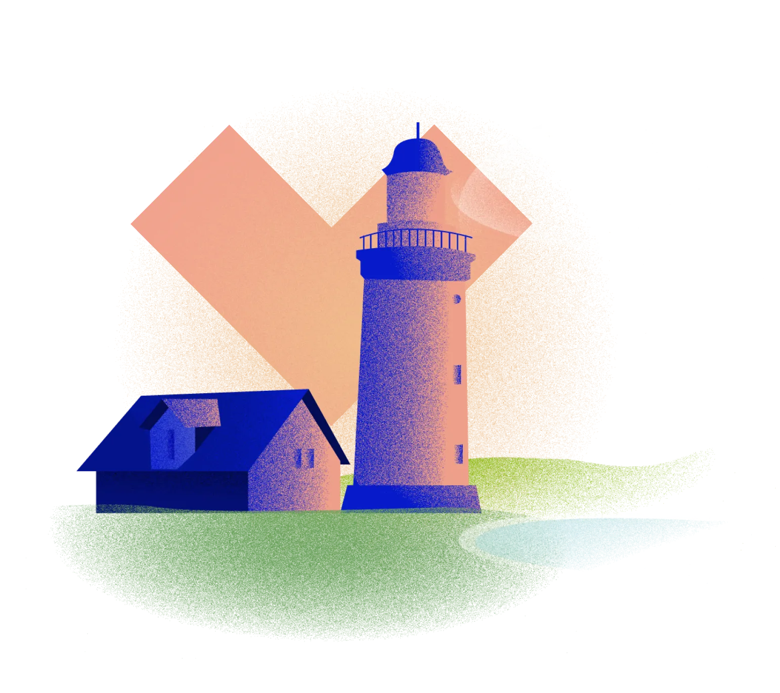 Figura di una casa e di un faro con alle spalle il logo Omninext color mandarino